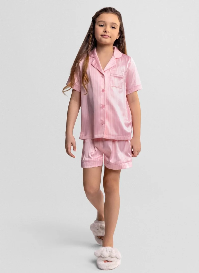 Minoti Girls satin pyjama set pink stripe short sleeve